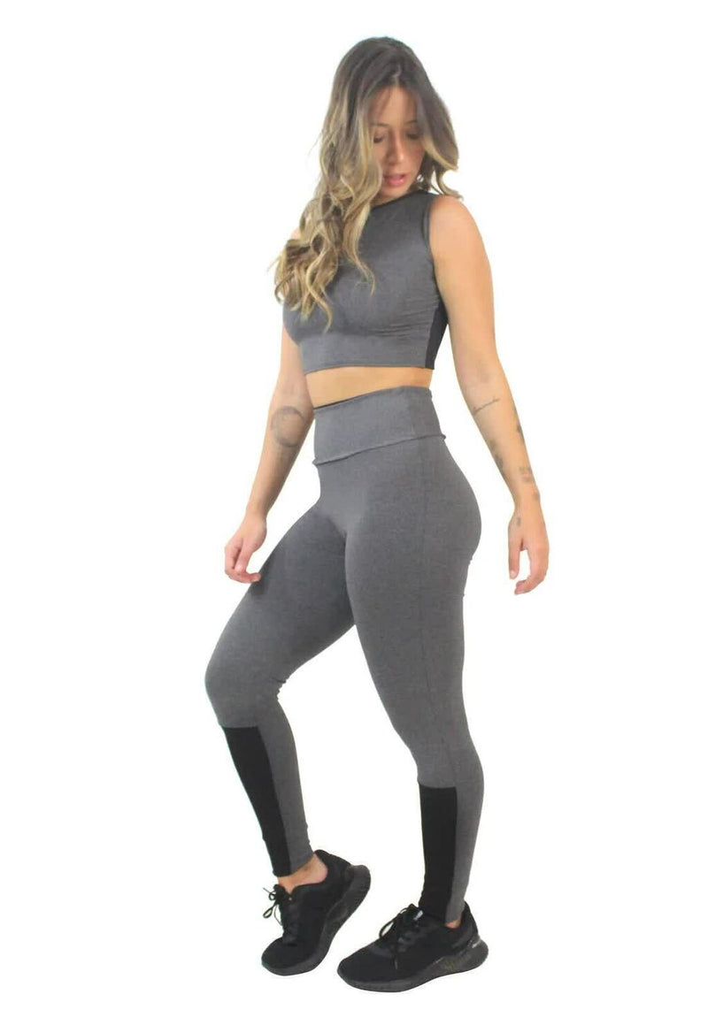 Cropped Mescla e Calça Legging Mescla Detalhe Preto Conjunto Fitness