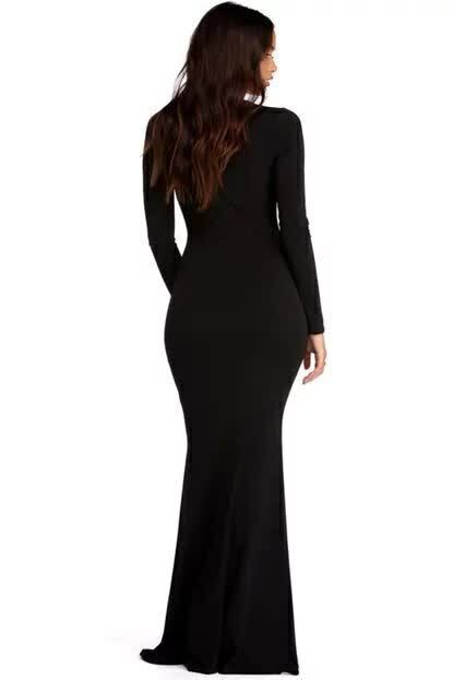 Vestido Feminino Longo Sereia Manga Longa Preto