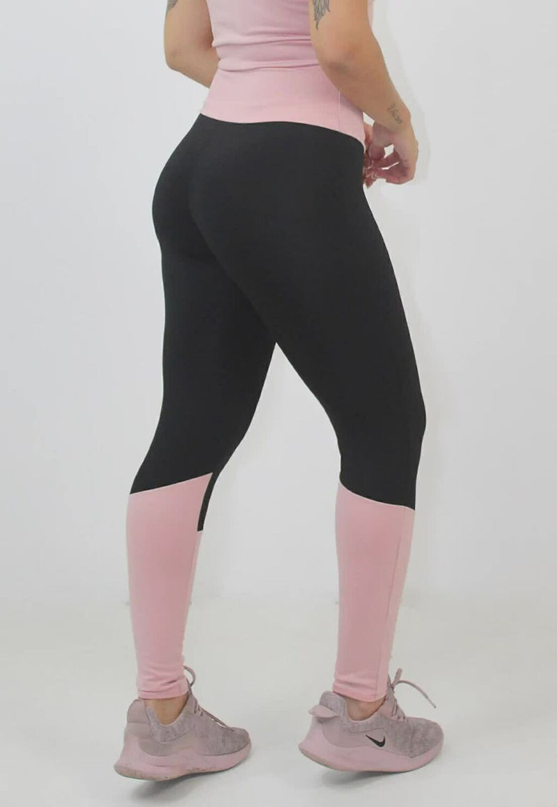 Calça Legging Feminina Cintura Alta Preta Com Detalhes Canela e Cintura Rosa