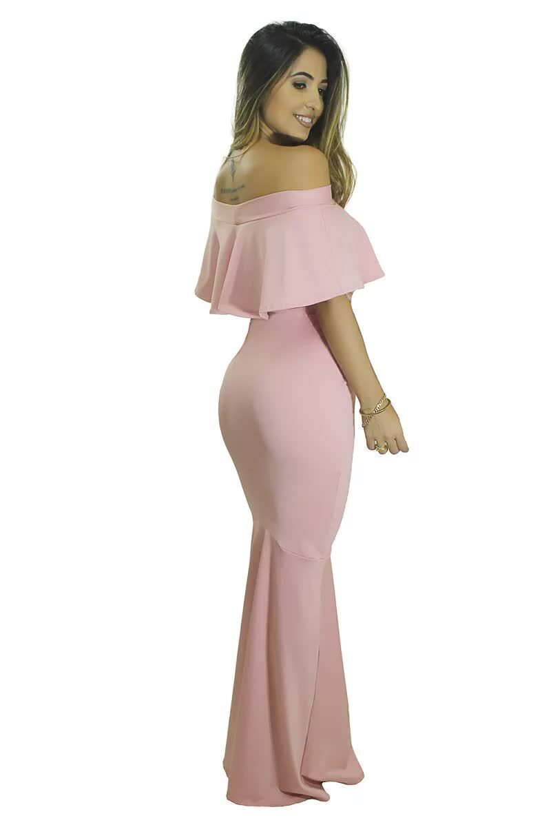 Vestido Feminino Longo Ombro a Ombro Com Babado e Rabo De Sereia Rosa