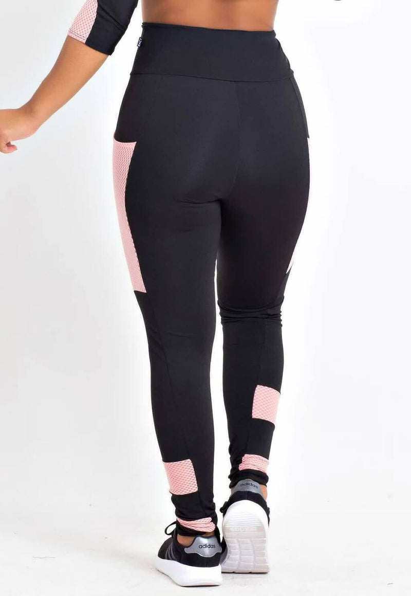 Calça Legging Feminina Cintura Alta Preta Com Detalhes e Bolso Em Tela Rosa