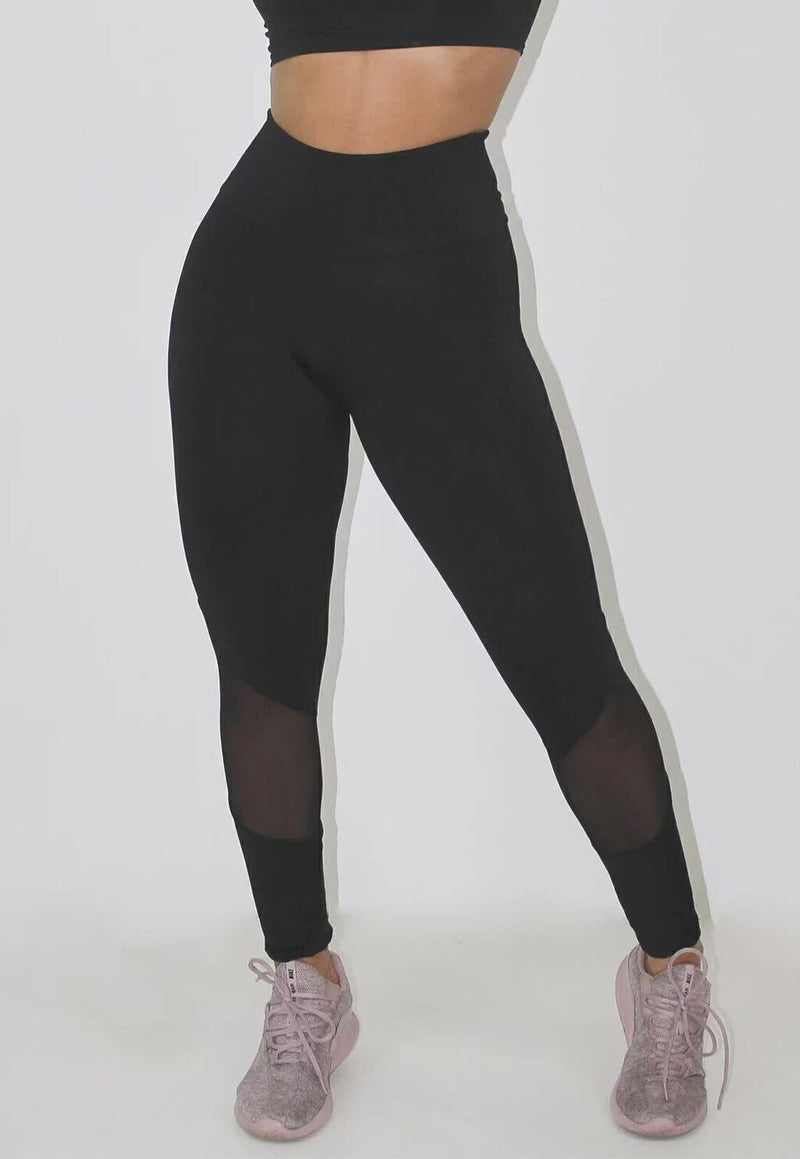 Calça Legging Feminina Cintura Alta Preta Com Detalhe Na Canela Tela Transparente