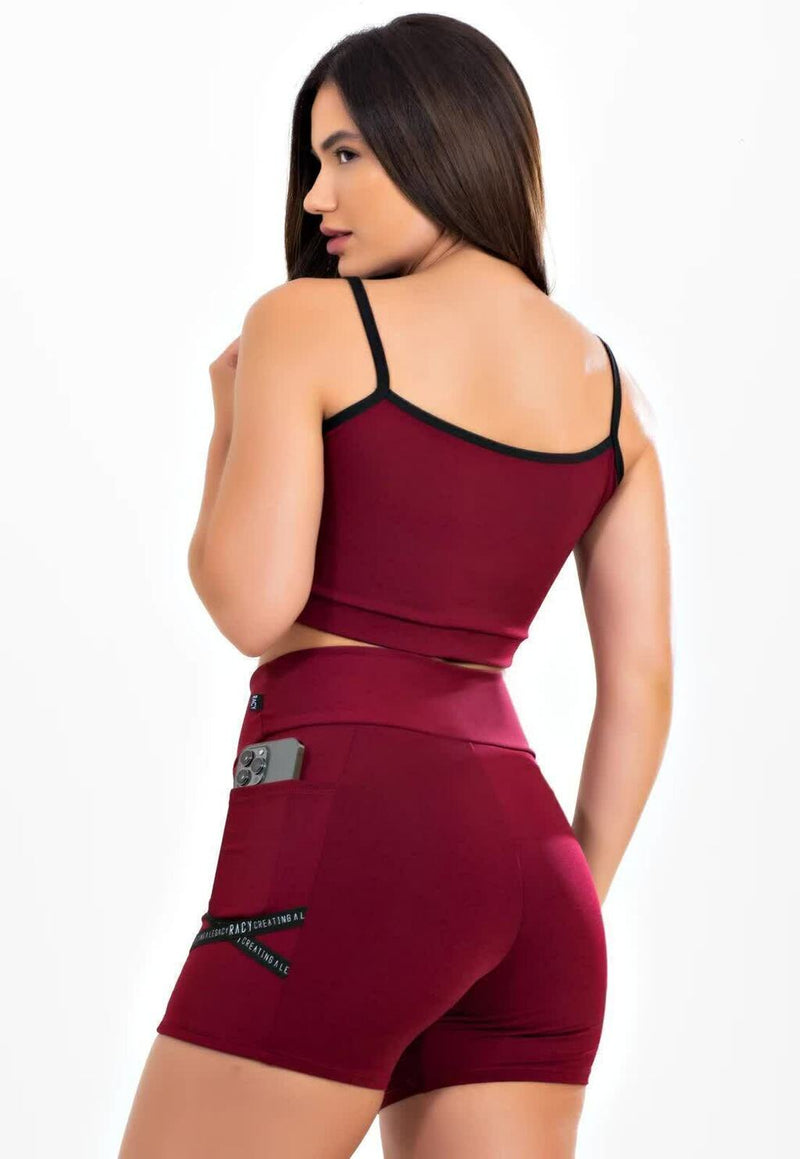 Short Cintura Alta e Cropped Marsala com Elásticos em X Conjunto Fitness