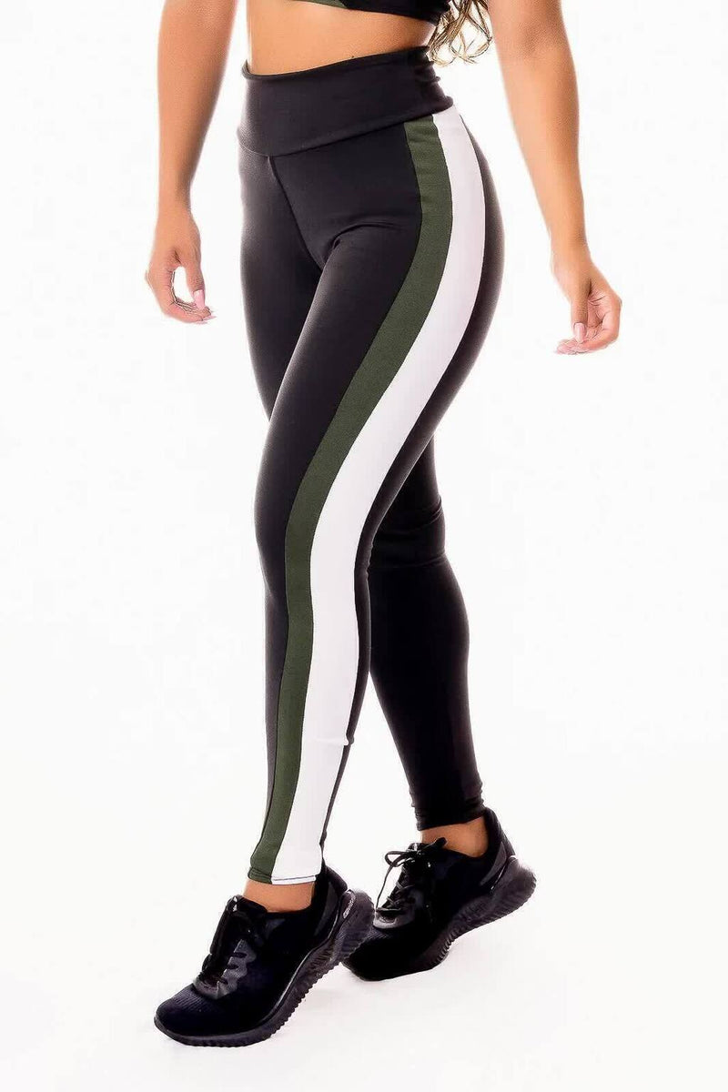 Calça Legging Feminina Cintura Alta Preta Detalhes Em Faixa Lateral Verde Militar e Branco