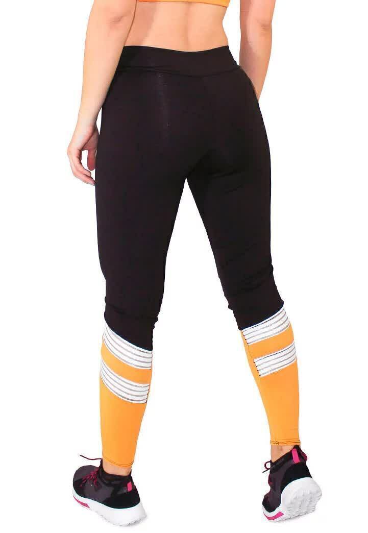 Calça Legging Feminina Cintura Alta Preta Detalhe Em Amarelo e Branco