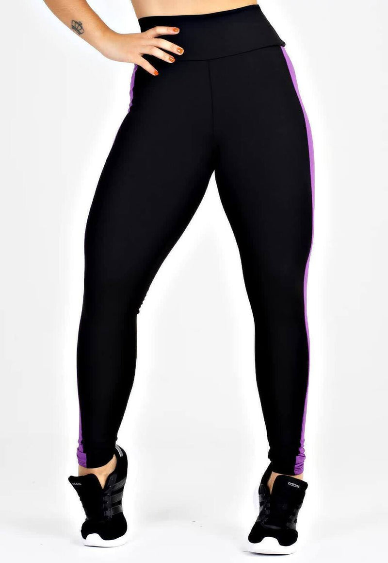 Calça Legging Feminina Cintura Alta Preta Detalhe Lateral Em Roxo e Branco