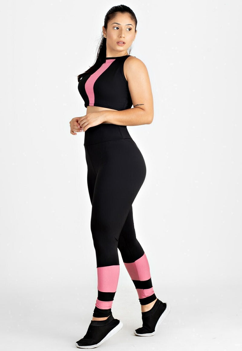 Conjunto Fitness Feminino Cropped Preto Detalhe Rosa + Calça Legging Cintura Alta Preta Detalhe Rosa