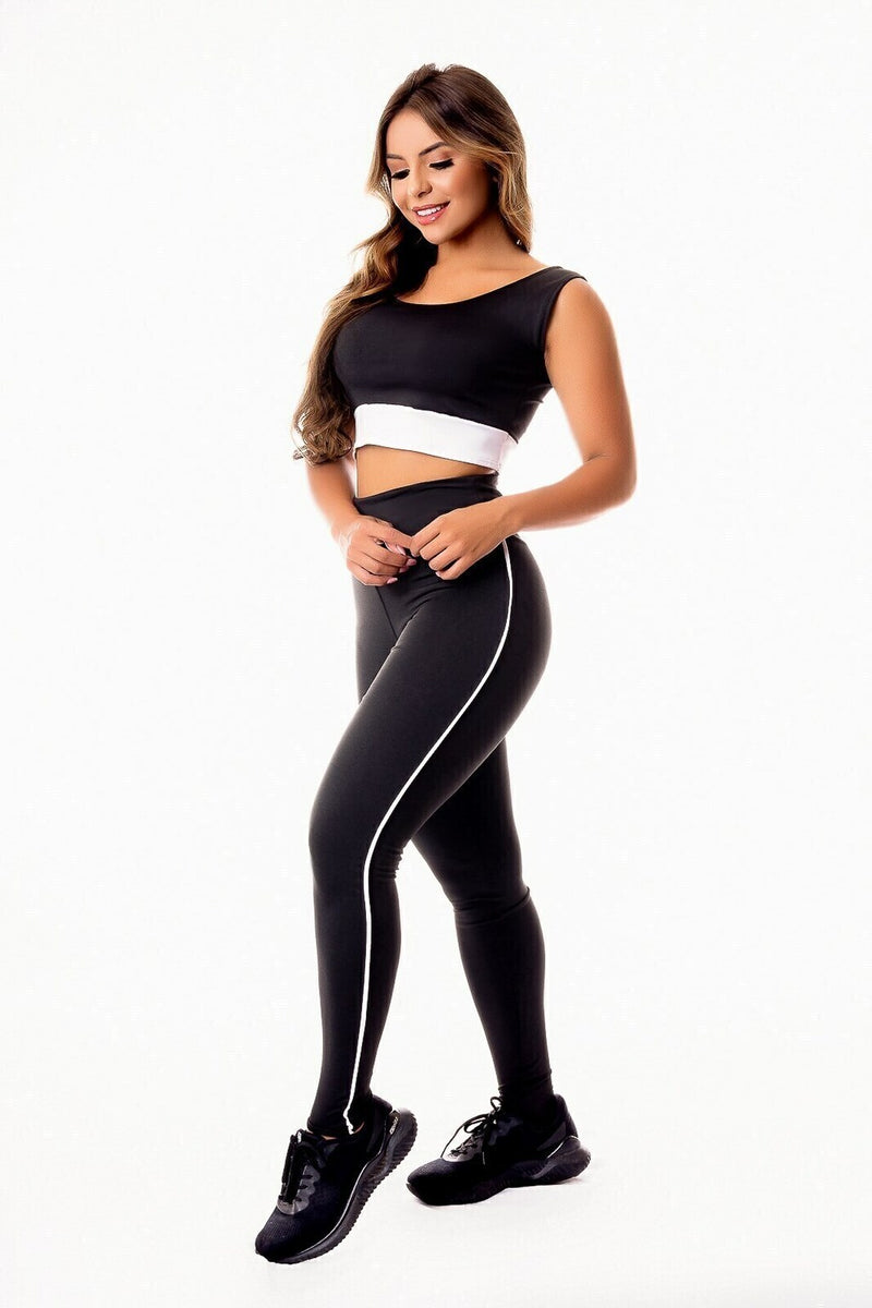 Conjunto Feminino Fitness Cropped e Calça Legging Preto Com Detalhe Branco