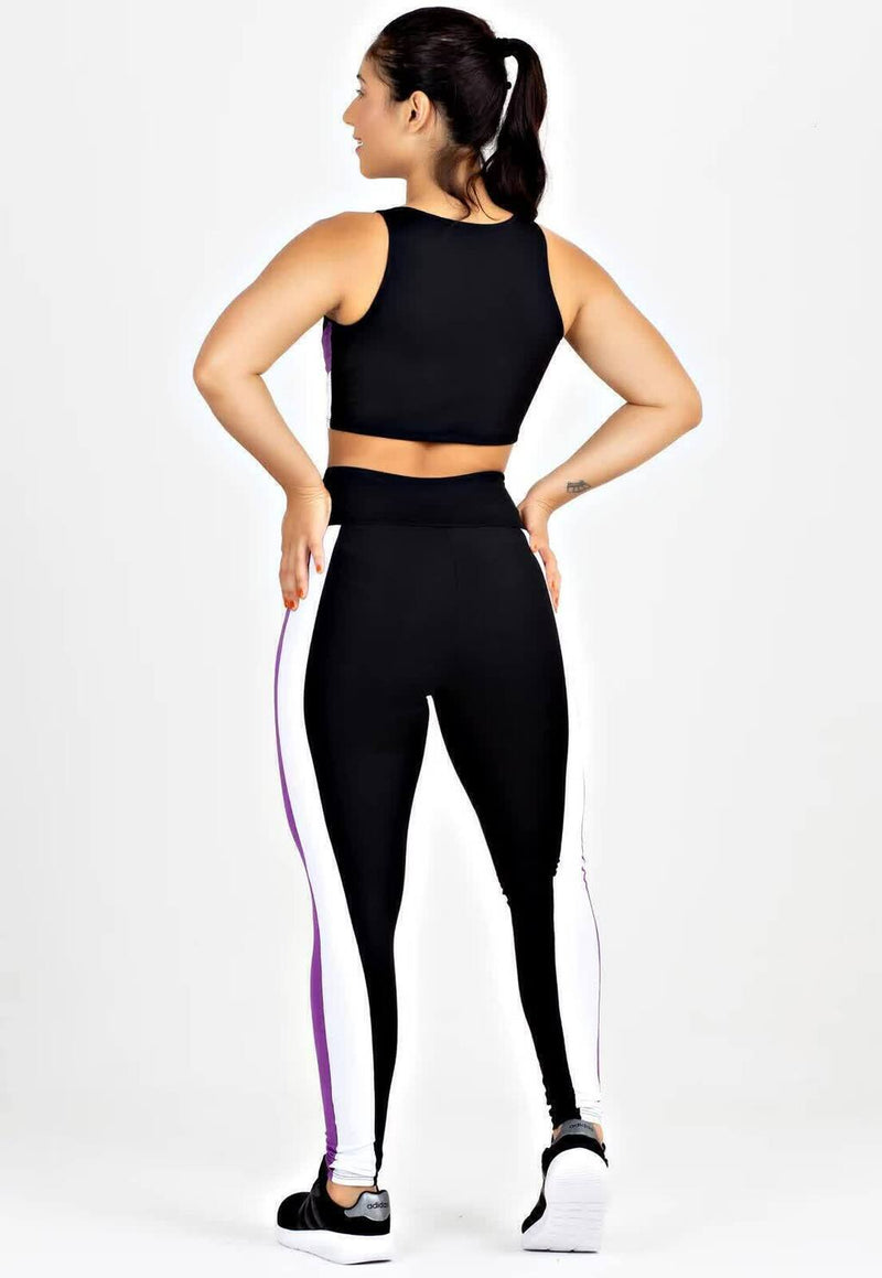 Conjunto Fitness Feminino Cropped Preto Detalhe Roxo e Branco + Calça Legging Cintura Alta Preta Faixa Roxa e Branca