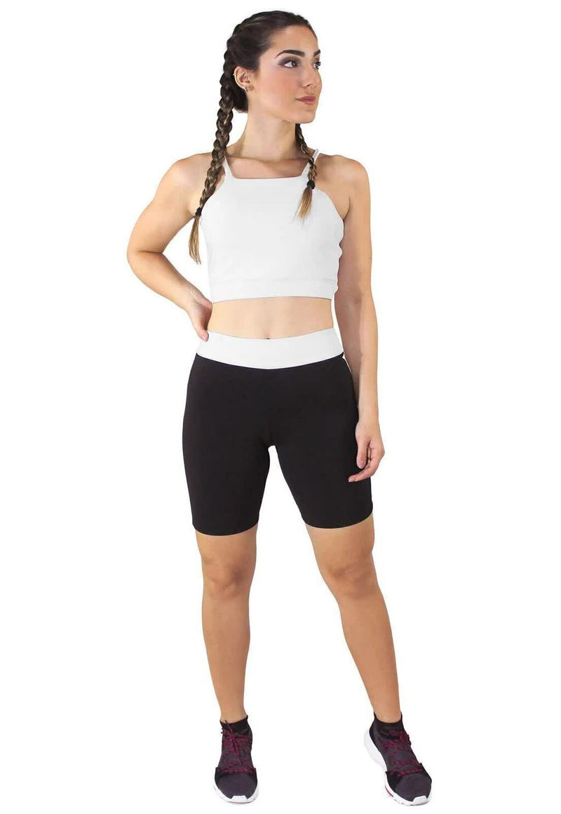 Cropped Alcinha Branco + Shorts Preto Com Branco Conjunto Fitness