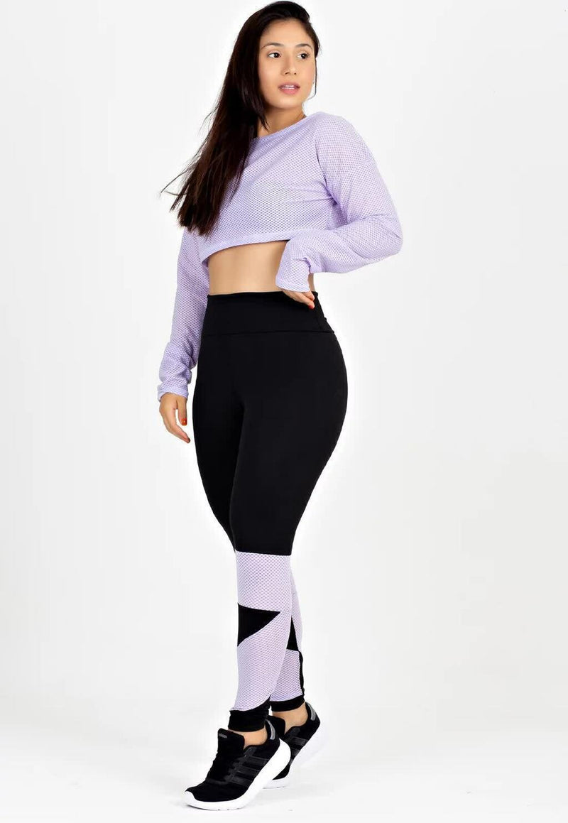 Conjunto Fitness Feminino Cropped De Tela Manga Longa Lilá + Calça Legging Cintura Alta Preta Detalhe Em tela Lilás