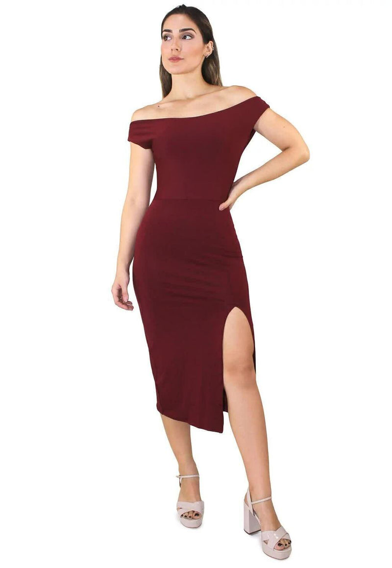 Vestido Feminino Midi Ombro A Ombro Com Fenda Vermelho Escuro