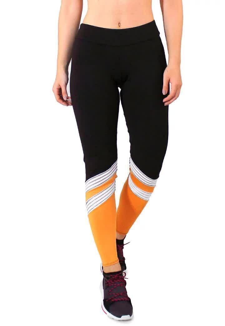 Calça Legging Feminina Cintura Alta Preta Detalhe Em Amarelo e Branco