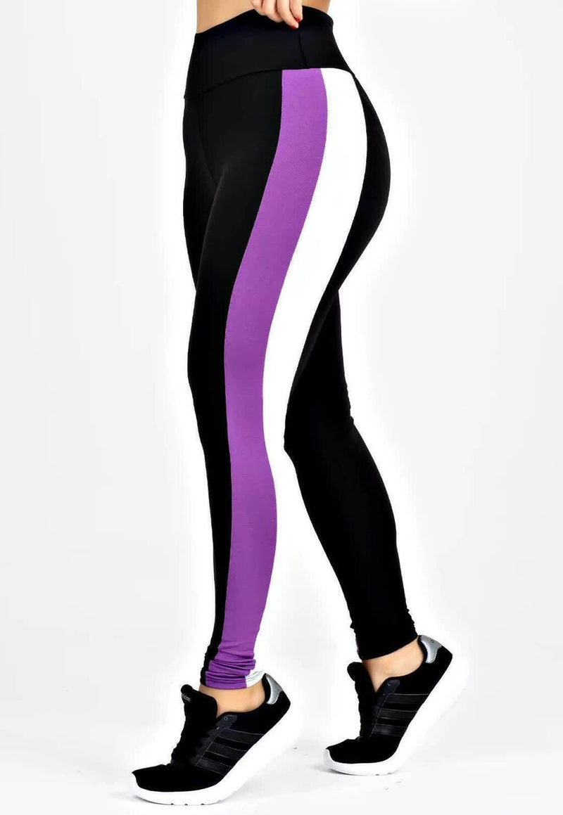 Calça Legging Feminina Cintura Alta Preta Detalhe Lateral Em Roxo e Branco