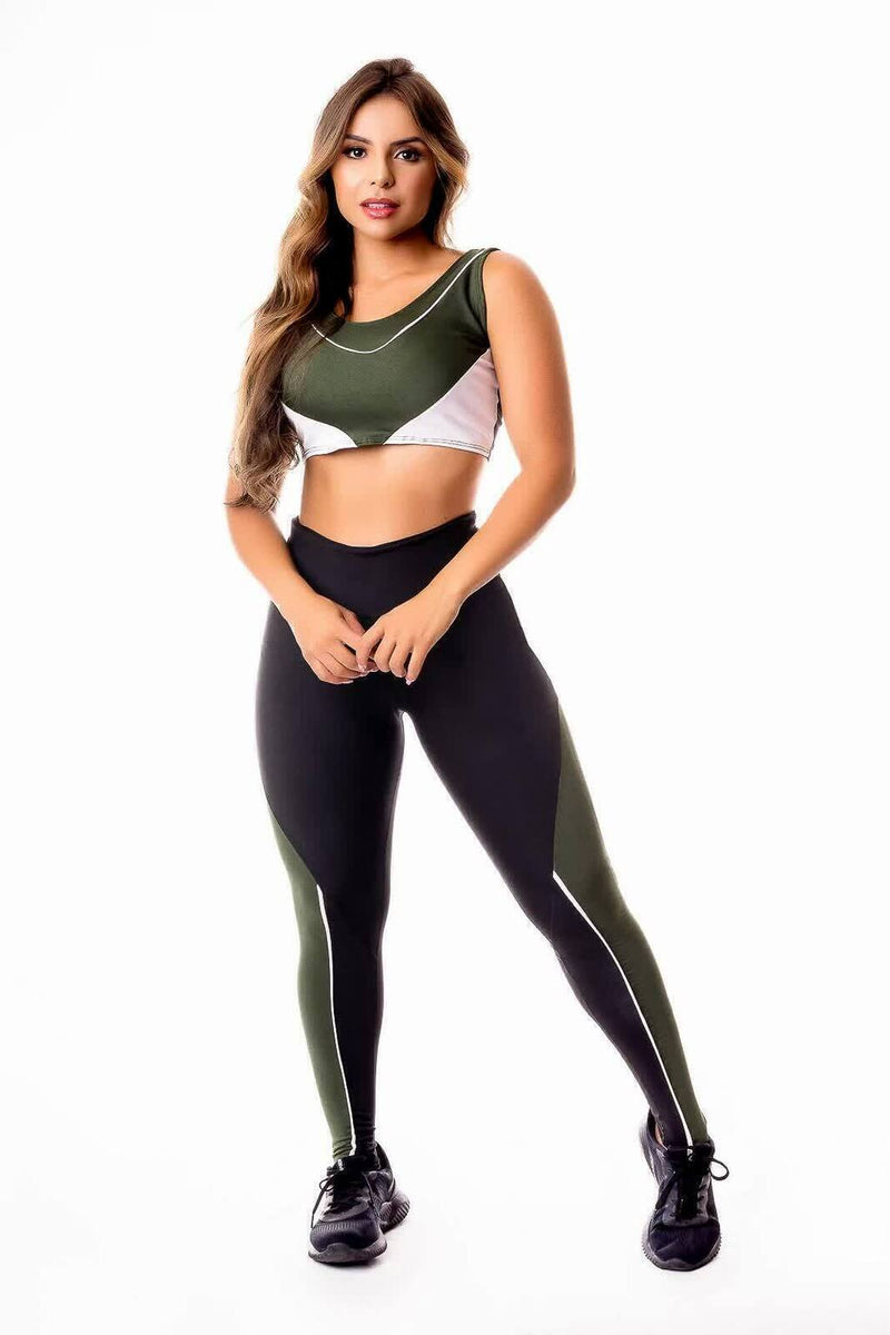 Conjunto Fitness Feminino Cropped Verde Militar E Branco + Calça Legging Cintura Alta Preta Detalhes Em Verde Militar e Branco