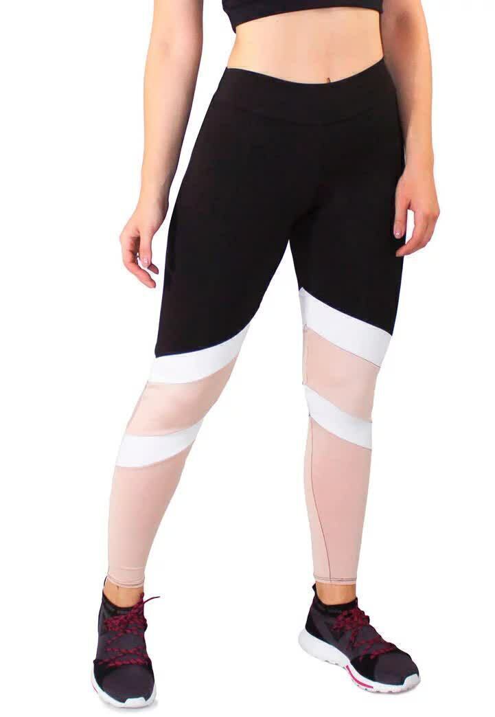 Calça Legging Feminina Fitness Preta e Rosê com Listra Branca