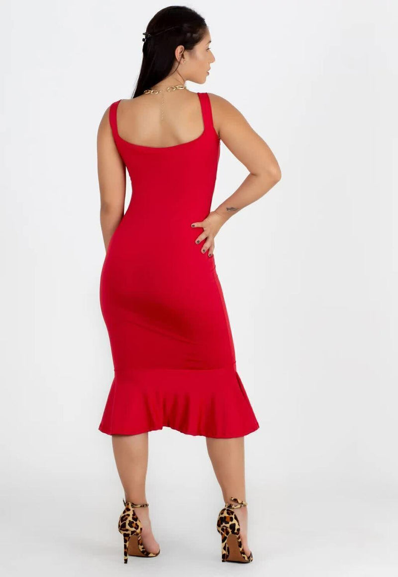 Vestido Feminino Midi Alcinha Com Babado Vermelho