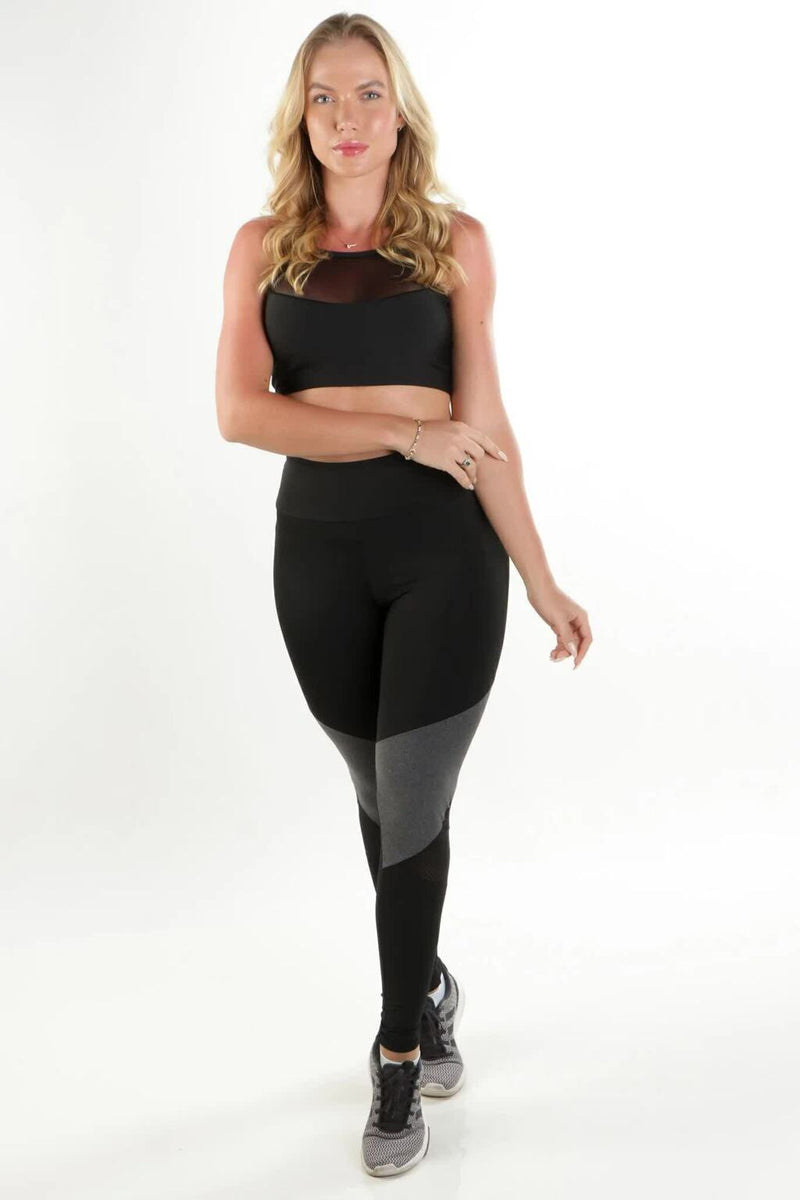 Conjunto Fitness Feminino Cropped Alcinha Preto Detalhe Em Tela + Calça Legging Cintura Alta Preta Detalhe Cinza e Transparente