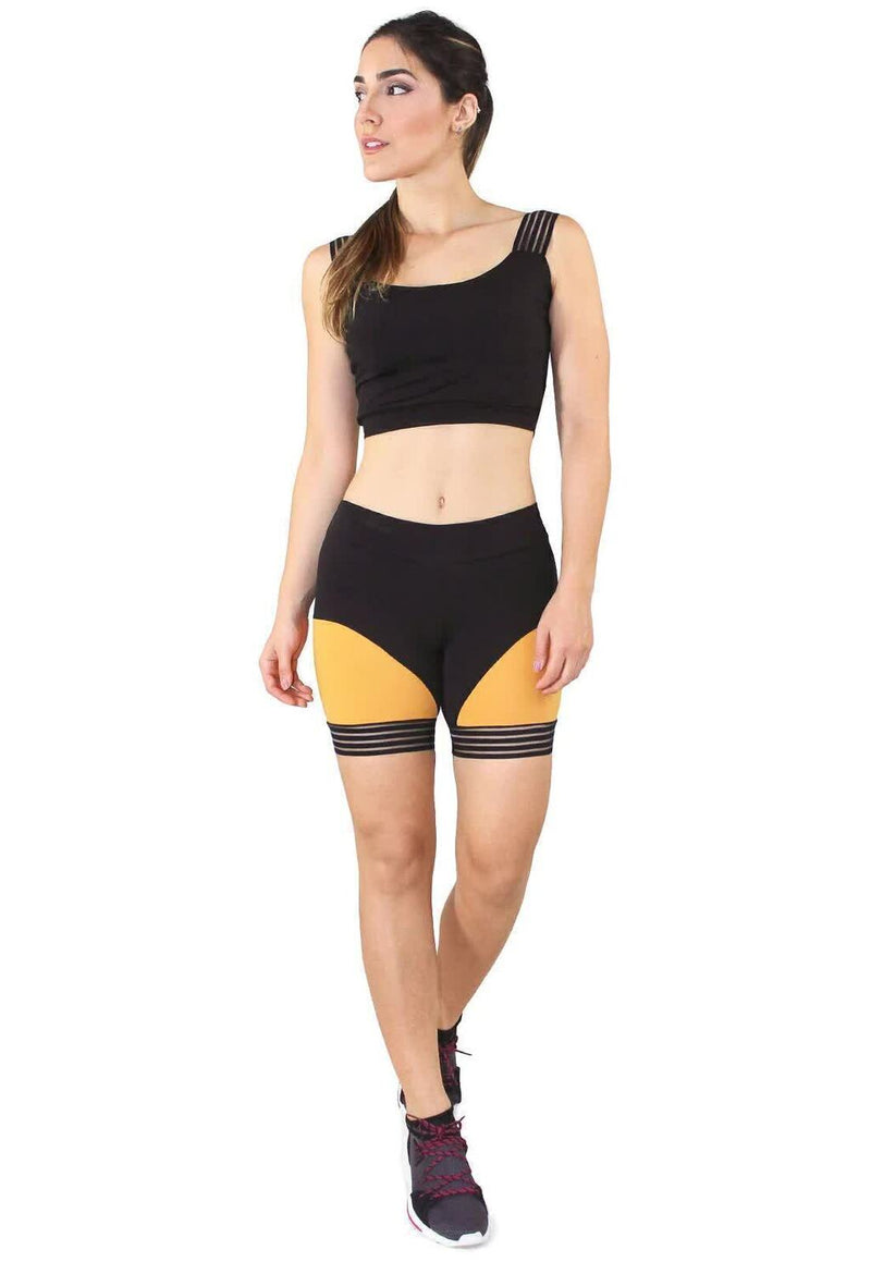 Cropped Com Faixa Amarelo + Shorts Preto Com Amarelo Conjunto Fitness