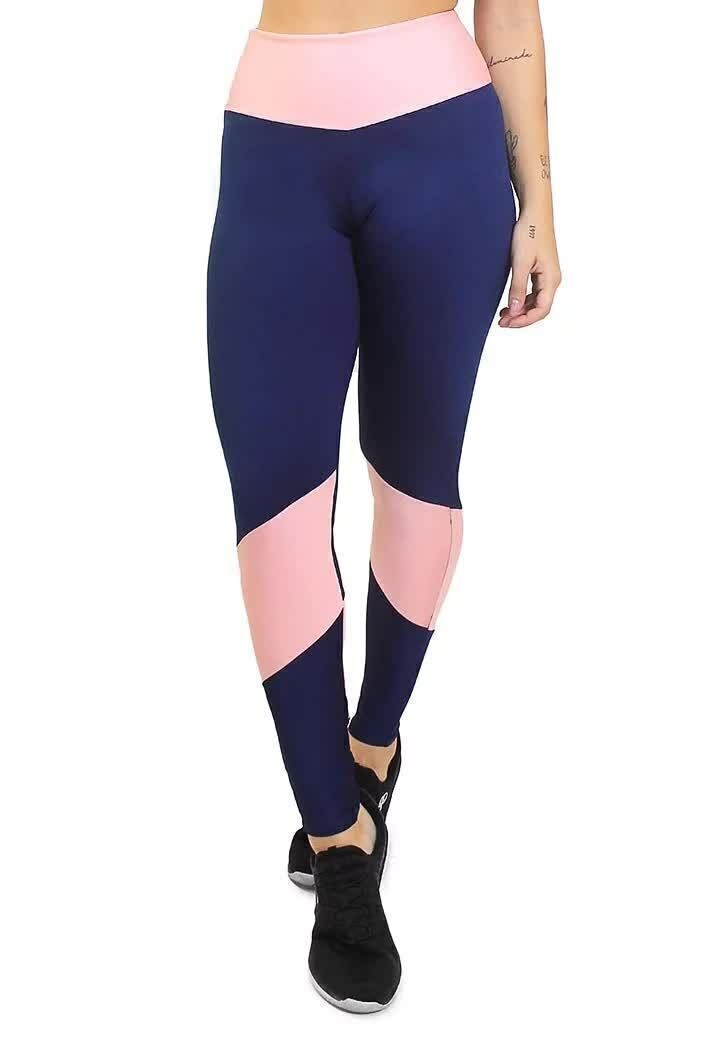 Calça Legging Feminina Cintura Alta Azul Com Detalhe Em Rosa