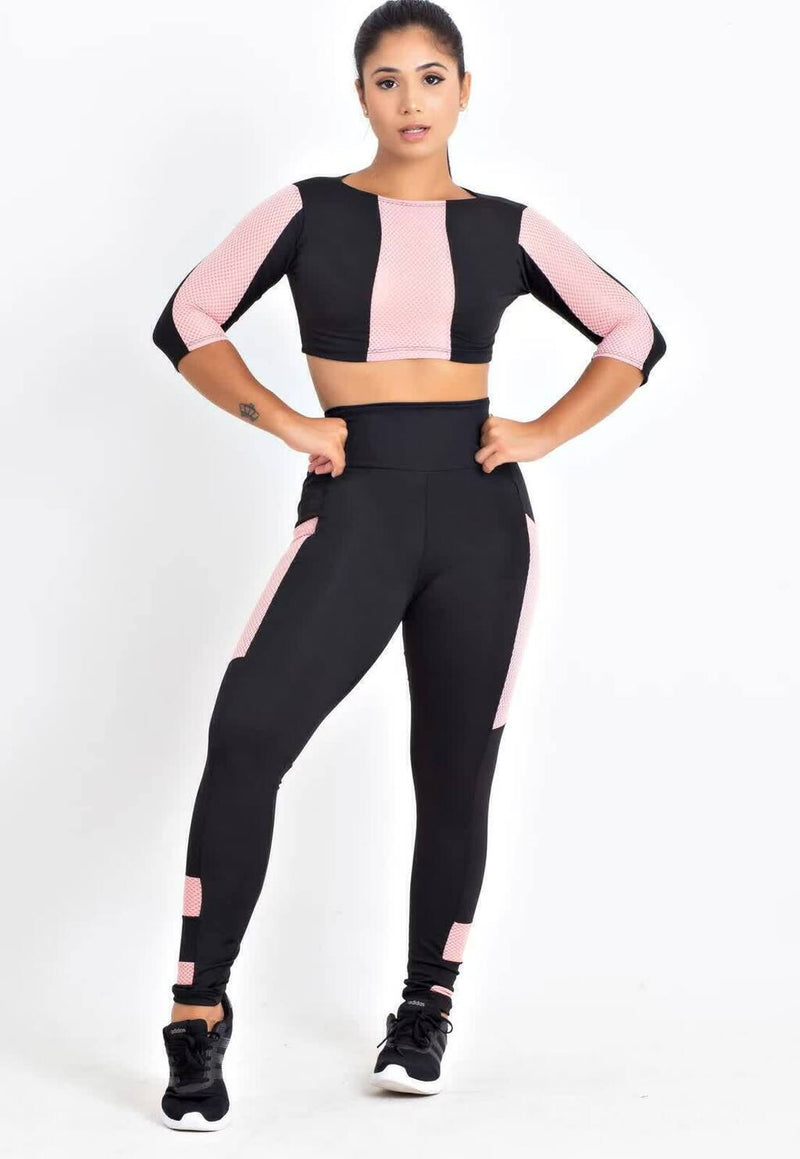 Conjunto Fitness Feminino Cropped&nbsp; Manga Longa Preto e Rosa + Calça Legging Cintura Alta Preta Detalhe Rosa