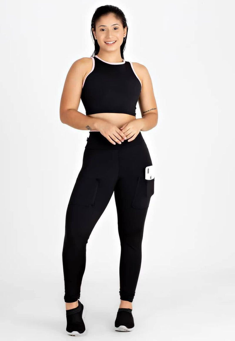 Cropped e Calça Legging Preto Conjunto Fitness