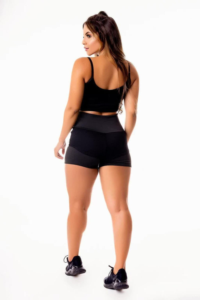 Conjunto Feminino Cropped e Short Curto Preto Detalhe Em Tela