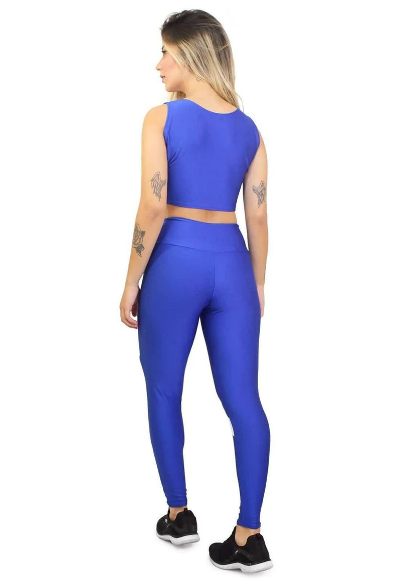 Conjunto Feminino Fitness Cropped Azul e Calça Legging Azul e Branco