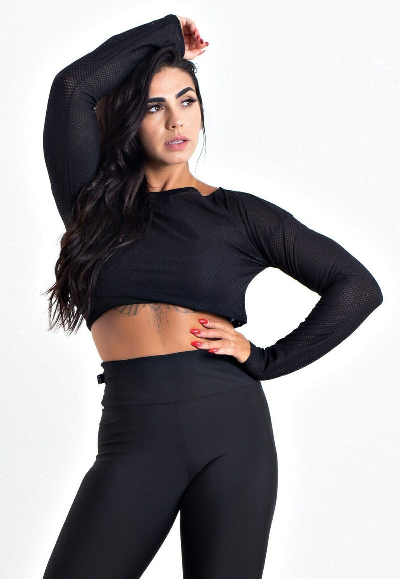 Top Cropped Manga Longa de Tela Dry Fit Preto Fitness