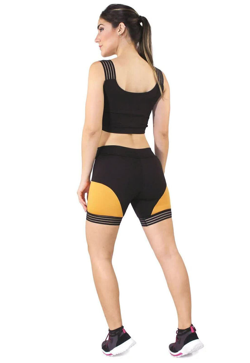 Cropped Com Faixa Amarelo + Shorts Preto Com Amarelo Conjunto Fitness