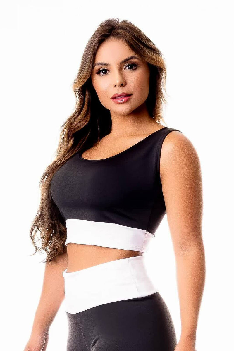 Top Cropped Academia Preto com Branco Fitness