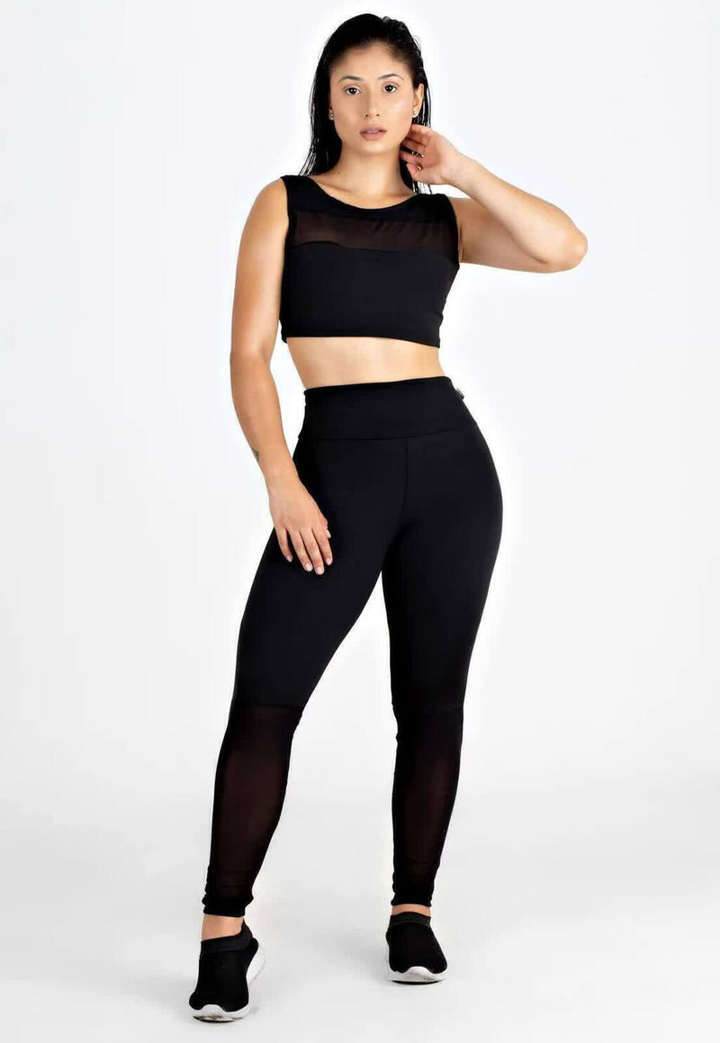 Conjunto Fitness Feminino Cropped Detalhe transparente Preto + Calça Legging Detalhe transparente Preta