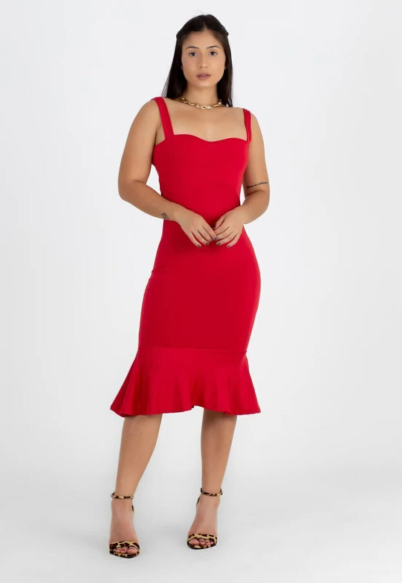 Vestido Feminino Midi Alcinha Com Babado Vermelho