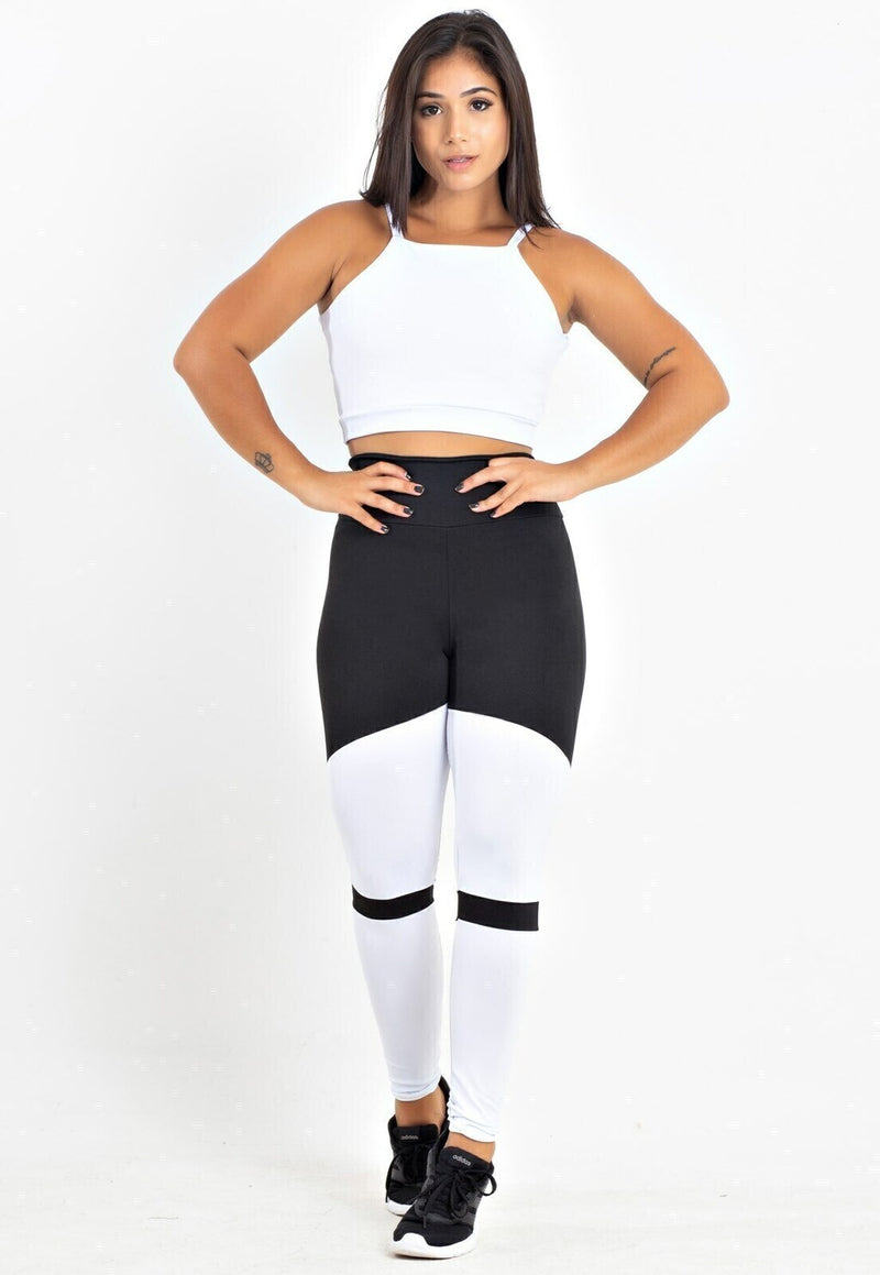 Conjunto Fitness Feminino Cropped Alcinha Branco + Calça Legging Cintura Alta Preto e Branco