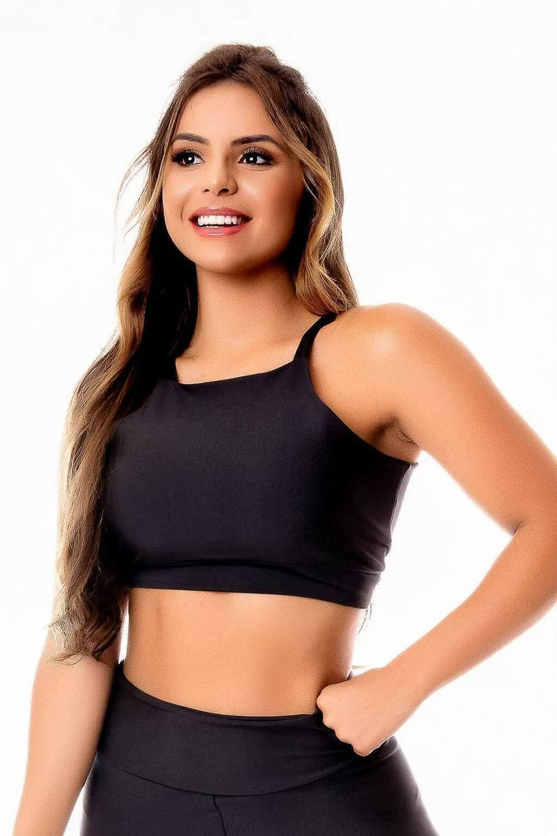 Top Cropped Fitness Preto Duplo Alcinha Super Sustentação Academia