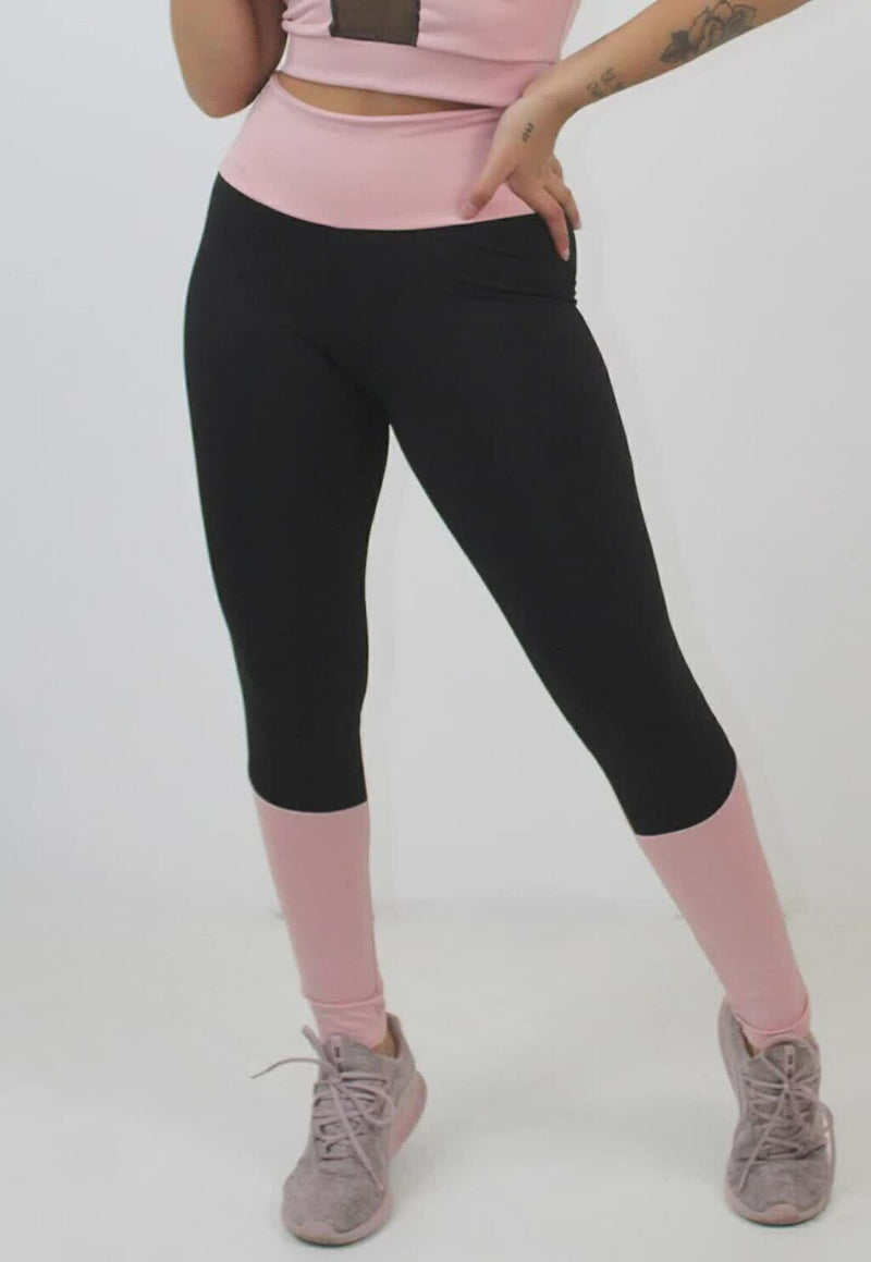 Calça Legging Feminina Cintura Alta Preta Com Detalhes Canela e Cintura Rosa