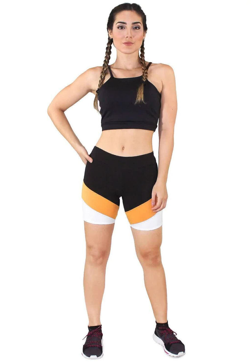 Conjunto Feminino Cropped Preto e Short Detalhe Em Faixa Branca e Amarela