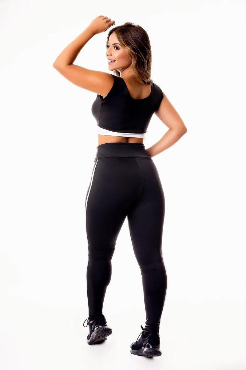 Conjunto Feminino Fitness Cropped e Calça Legging Preto Com Detalhe Branco