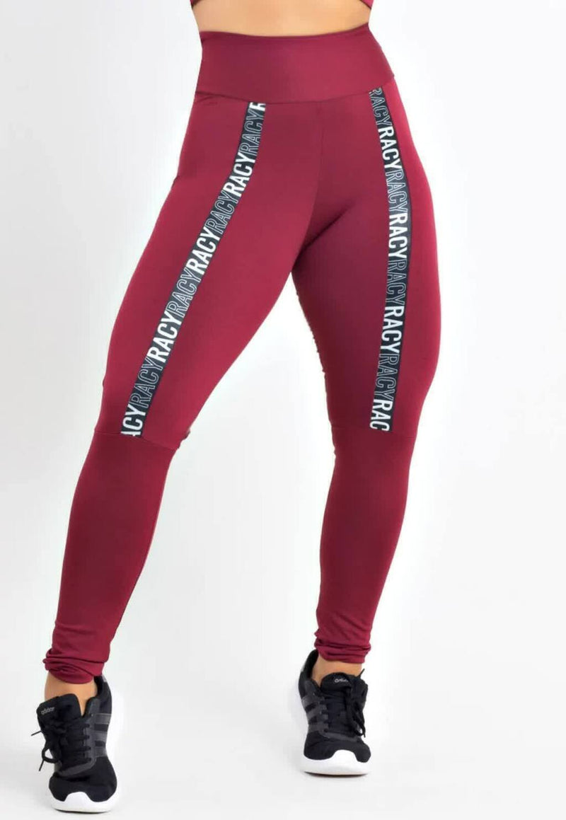 Calça Legging Feminina Cintura Alta Marsala Com Faixa Cinza