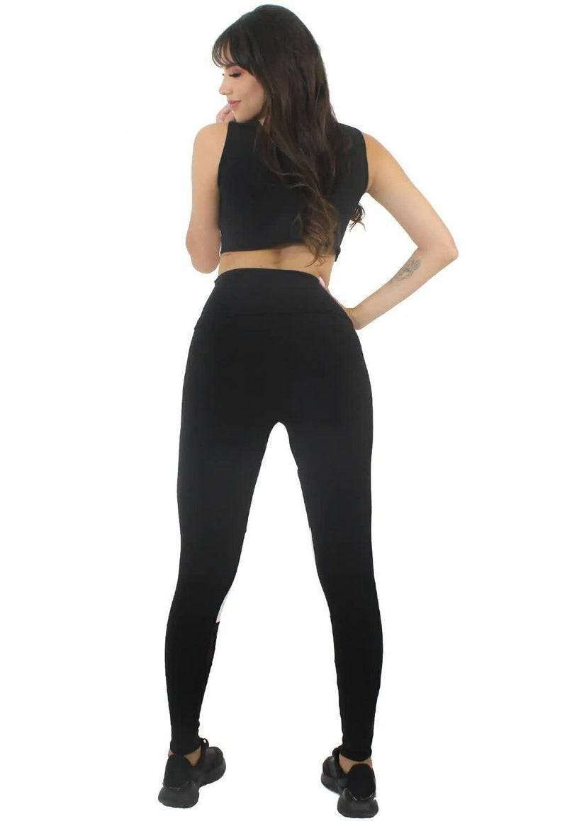 Conjunto Fitness Feminino Cropped e Calça Legging Preto e Branco