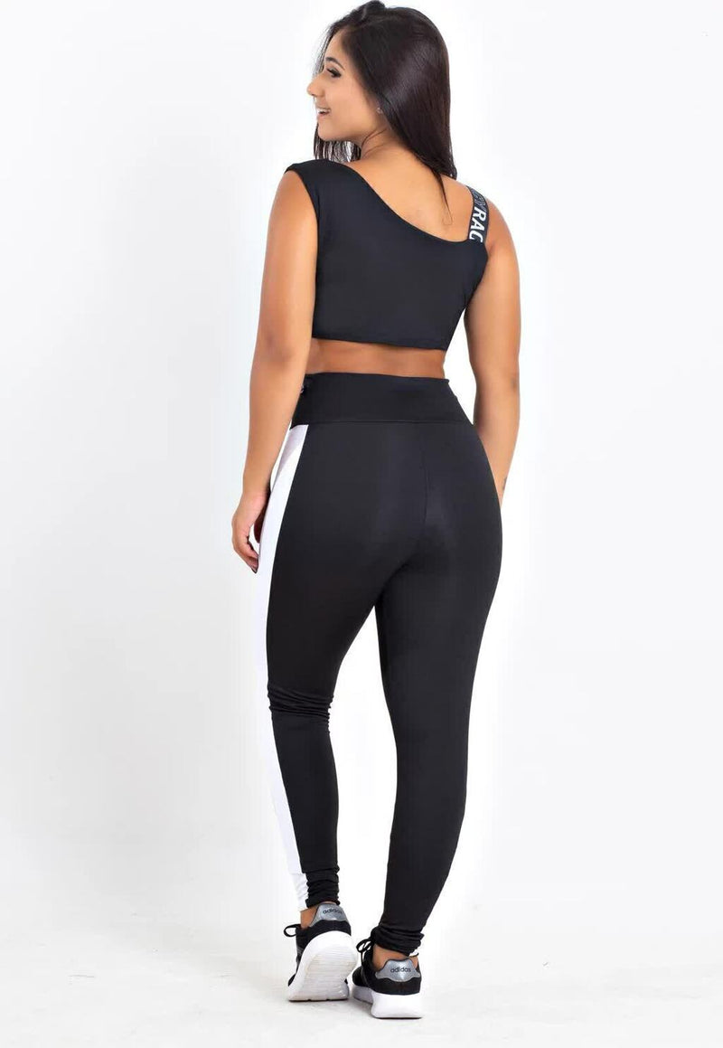 Conjunto Feminino Fitness Cropped Preto e Calça Legging Preta Detalhe Em Branca