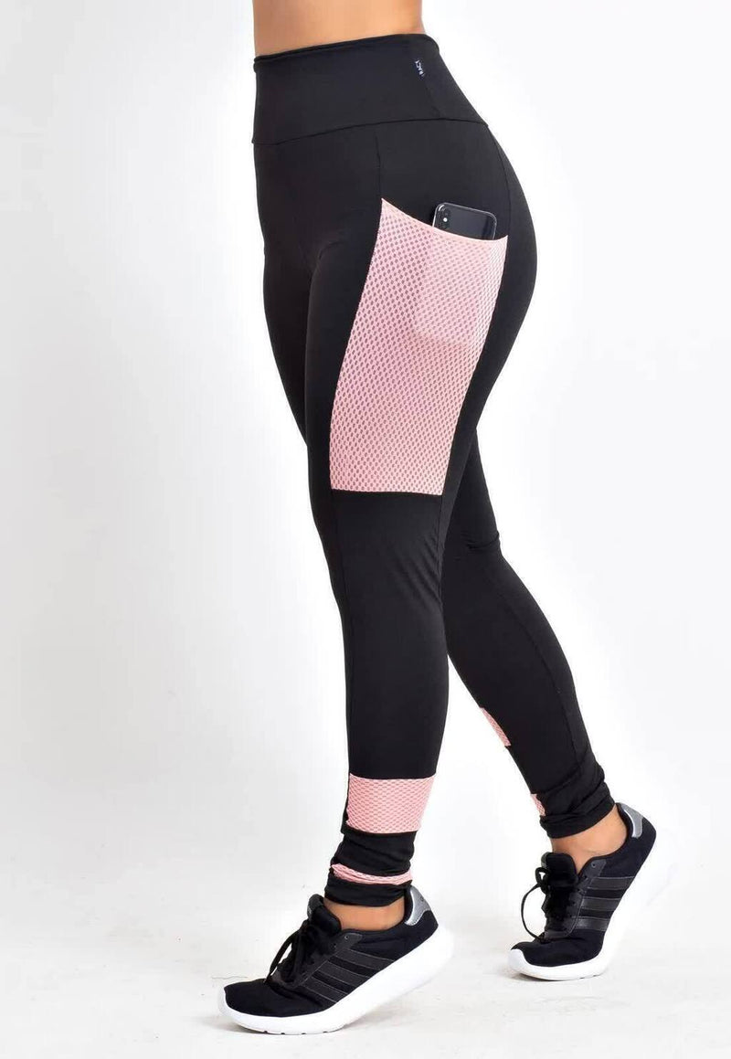 Calça Legging Feminina Cintura Alta Preta Com Detalhes e Bolso Em Tela Rosa