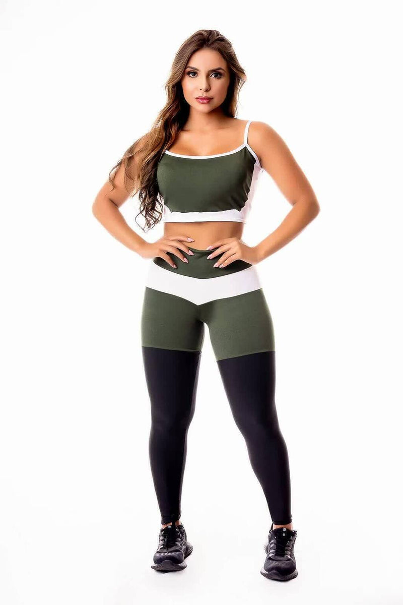 Conjunto Fitness Feminino Cropped Alcinha Verde Militar e Branco + Calça Legging Cintura Alta Verde Militar Detalhe Preto e Branco