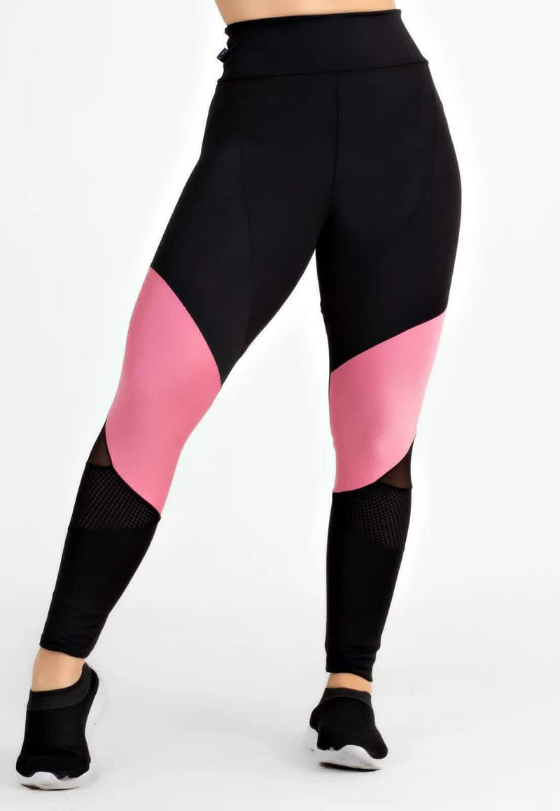 Calça Legging Feminina Cintura Alta Rosa Detalhe Em Rosa e Em Tule Transparente