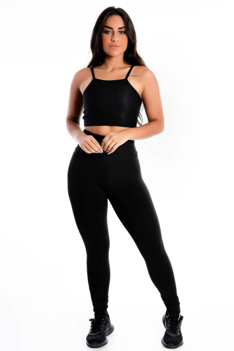 Conjunto Fitness Feminino Cropped Alcinha Preto + Calça Legging Cintura Alta Preta