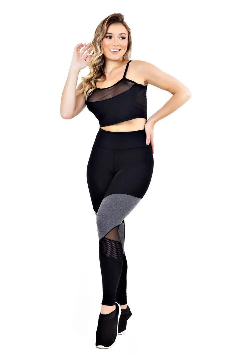 Conjunto Fitness Feminino Cropped Alcinha Preto Detalhe Em Tela + Calça Legging Cintura Alta Preta Detalhe Cinza e Transparente