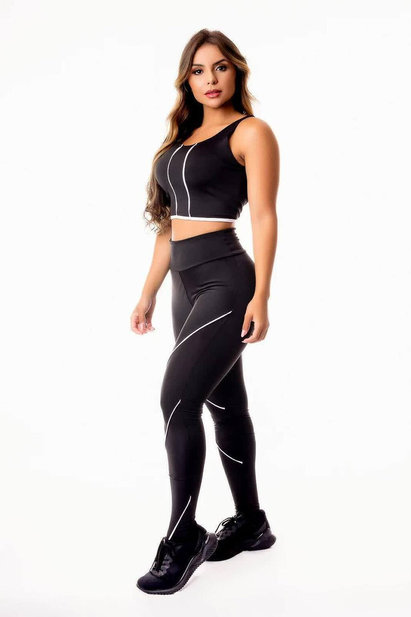 Conjunto Fitness Feminino Cropped Preto Detalhe Listra Branca + Calça Legging Cintura Alta Preta Detalhe Listra Branca&nbsp;