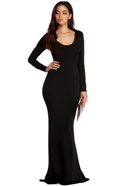 Vestido Feminino Longo Sereia Manga Longa Preto