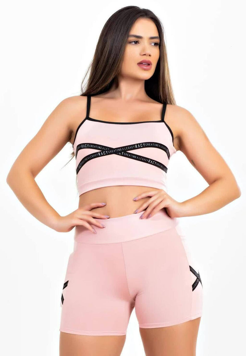 Short Cintura Alta + Cropped Rose com Elásticos em X Conjunto Fitness