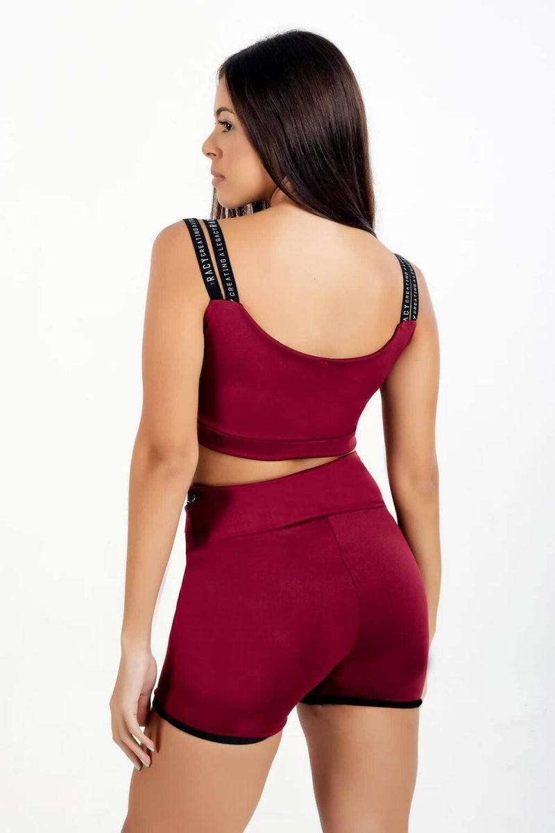 Conjunto Feminino Cropped Marsala Alça Dupla e Short Marsala Detalhe Cadarço Falso